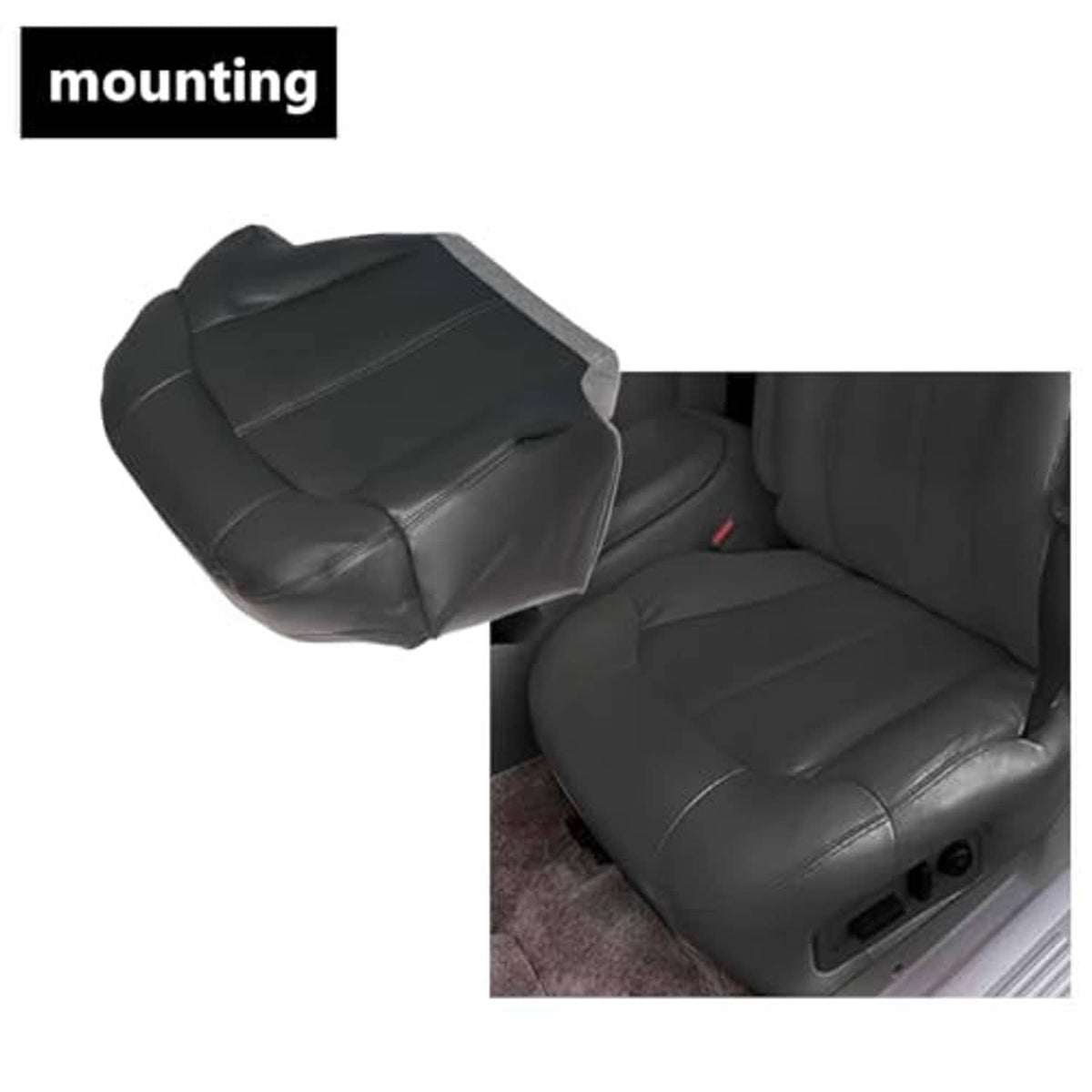 Front driver-side seat bottom cover with foam cushion, dark gray installed on seat