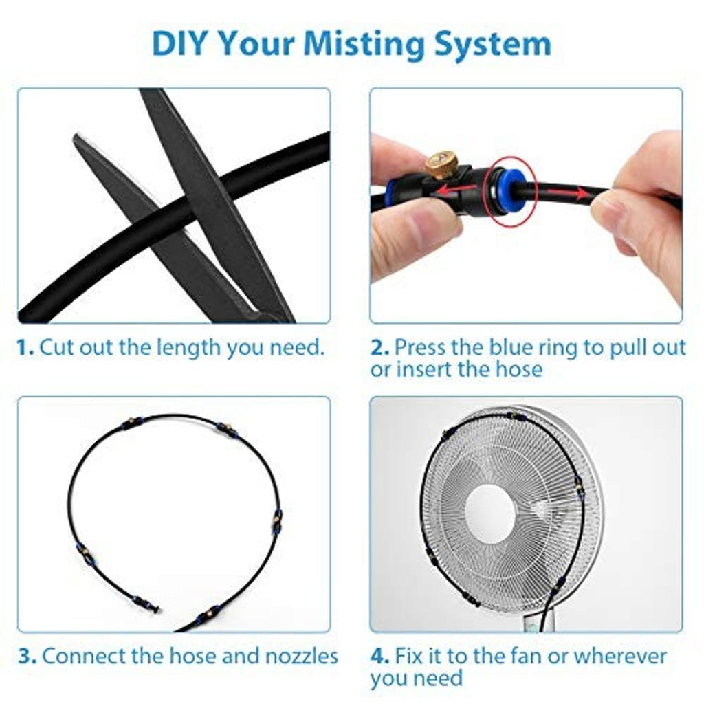 DIY misting line parts and hose connectors with blue release ring detail