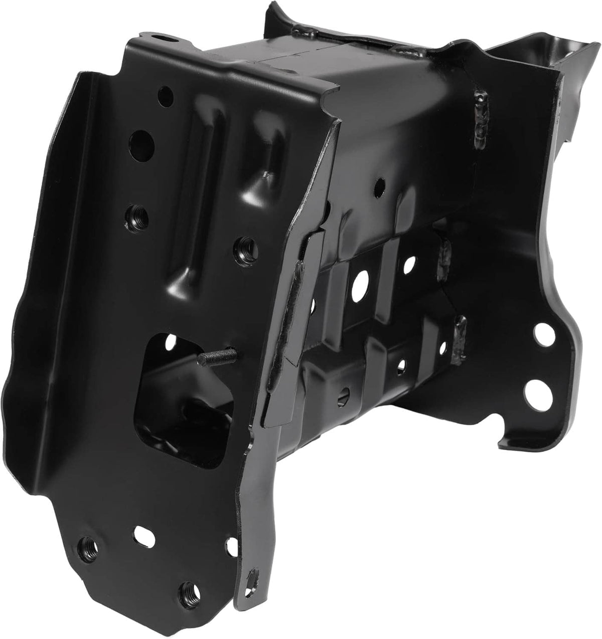 Front bumper reinforcement bracket, black steel plate with multiple mounting holes