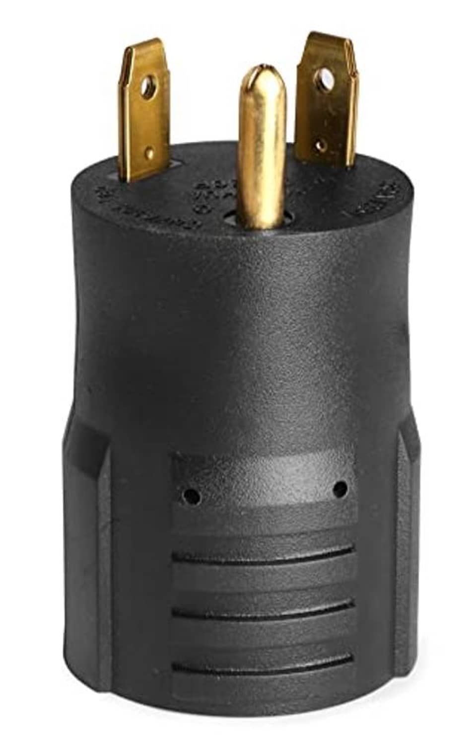 Dark gray twist-lock plug adapter showing three brass prongs from the back