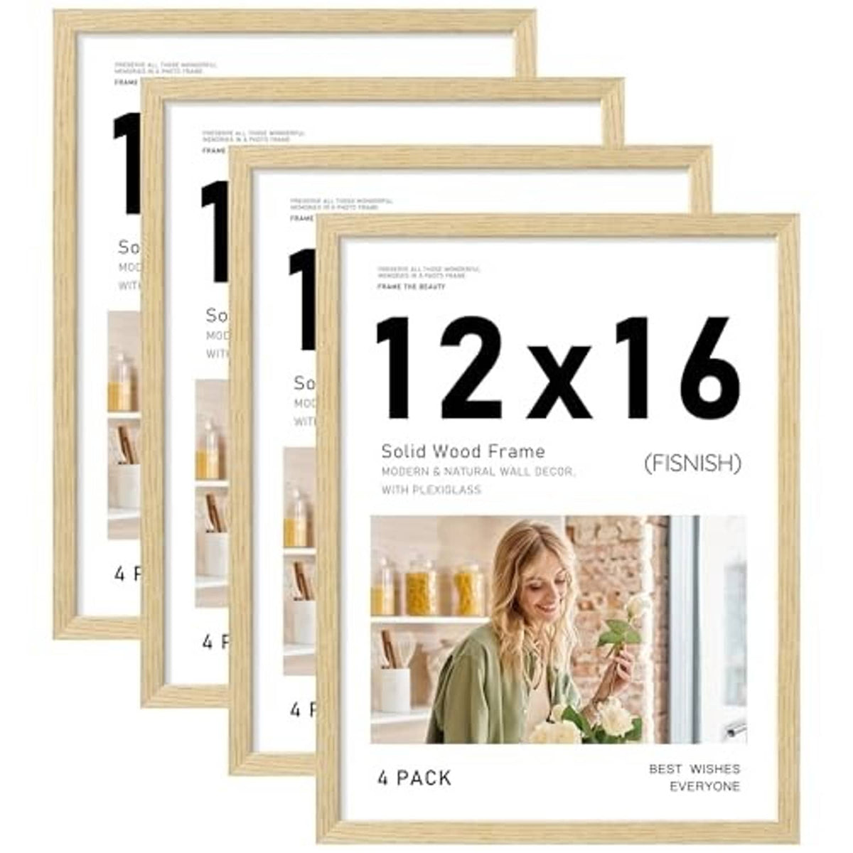 Set of 4 natural wood picture frames, 12x16 inch, flat front view