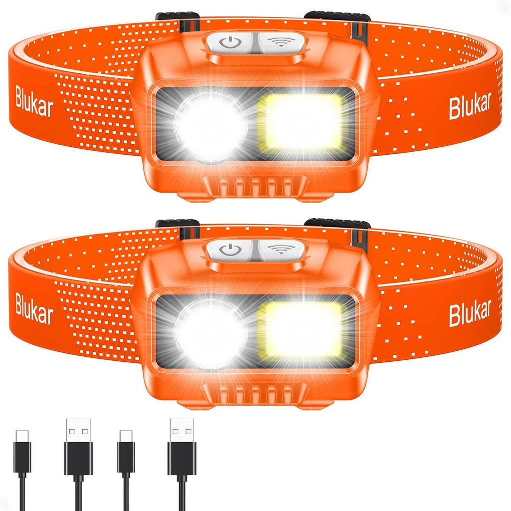 Orange rechargeable LED headlamps with elastic strap, dual beam lights, 2-pack