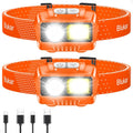 Orange rechargeable LED headlamps with elastic strap, dual beam lights, 2-pack