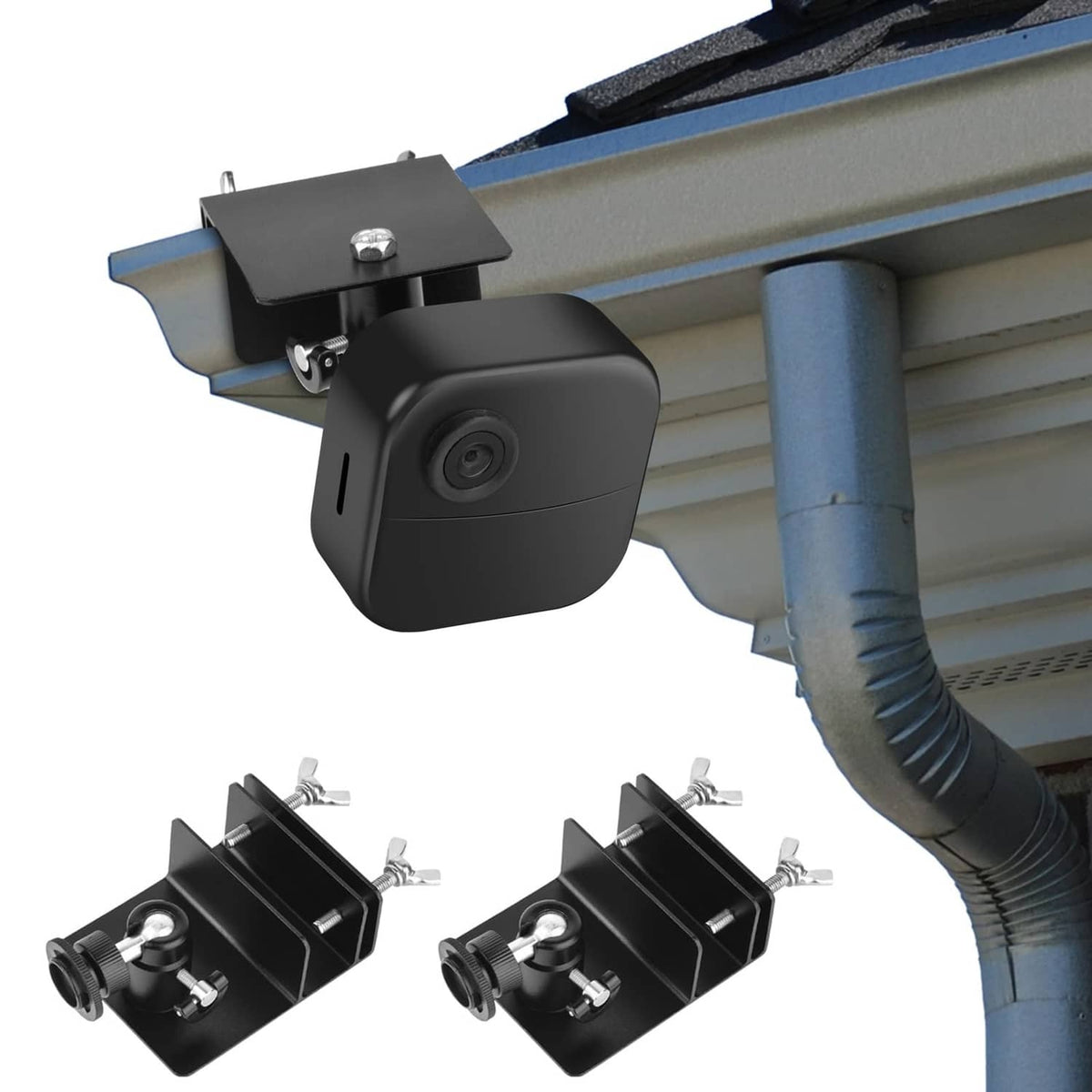Black gutter mount bracket with camera housing and adjustable mounting screws