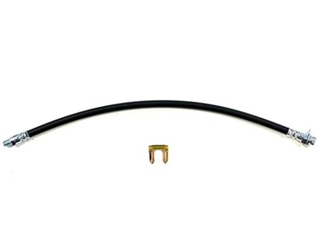 Black rubber brake hose with metal crimped ends and U-shaped support clip