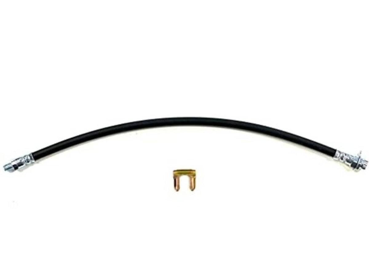 Black rubber brake hose with metal crimped ends and U-shaped support clip