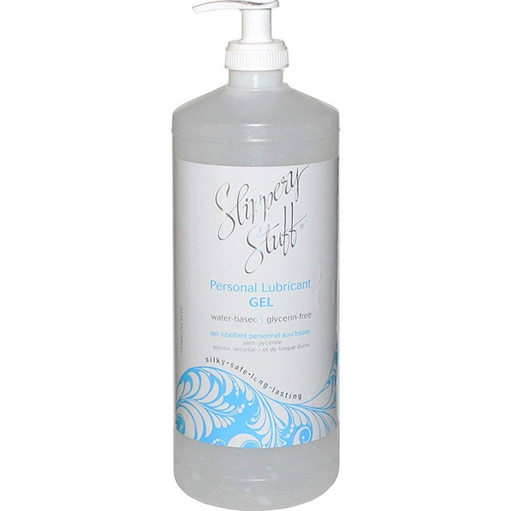 Slippery Stuff personal lubricant gel bottle with pump, clear gray bottle