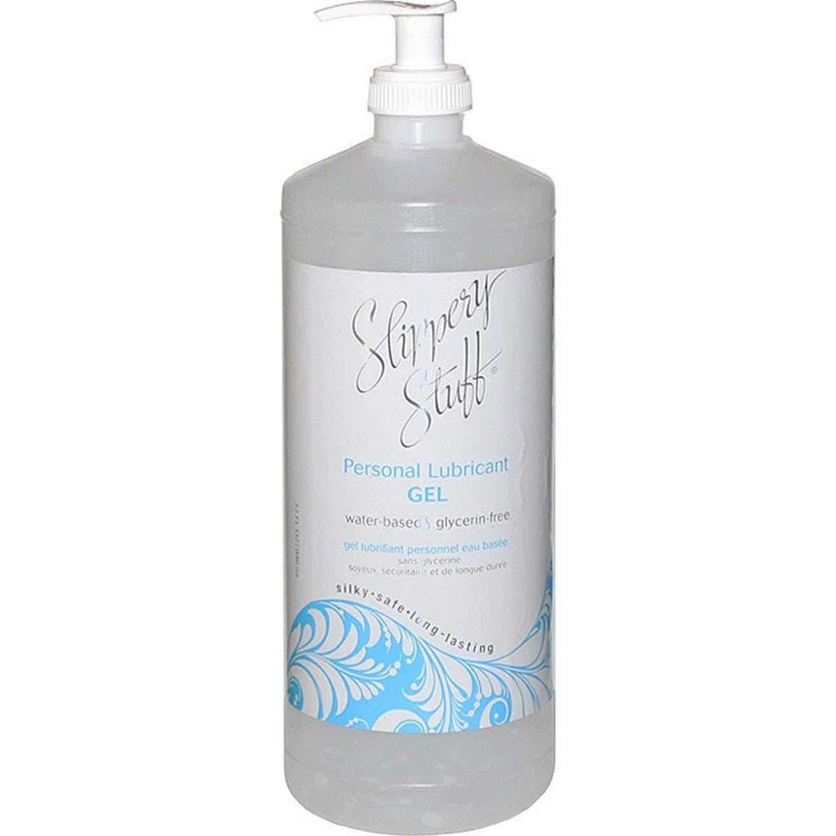 Slippery Stuff personal lubricant gel bottle with pump, clear gray bottle