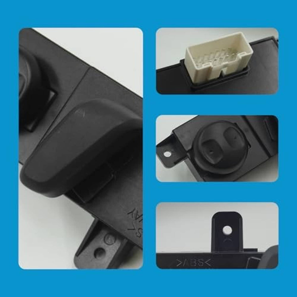 Black power seat switch close-up showing circular knob, buttons, and mounting clip.