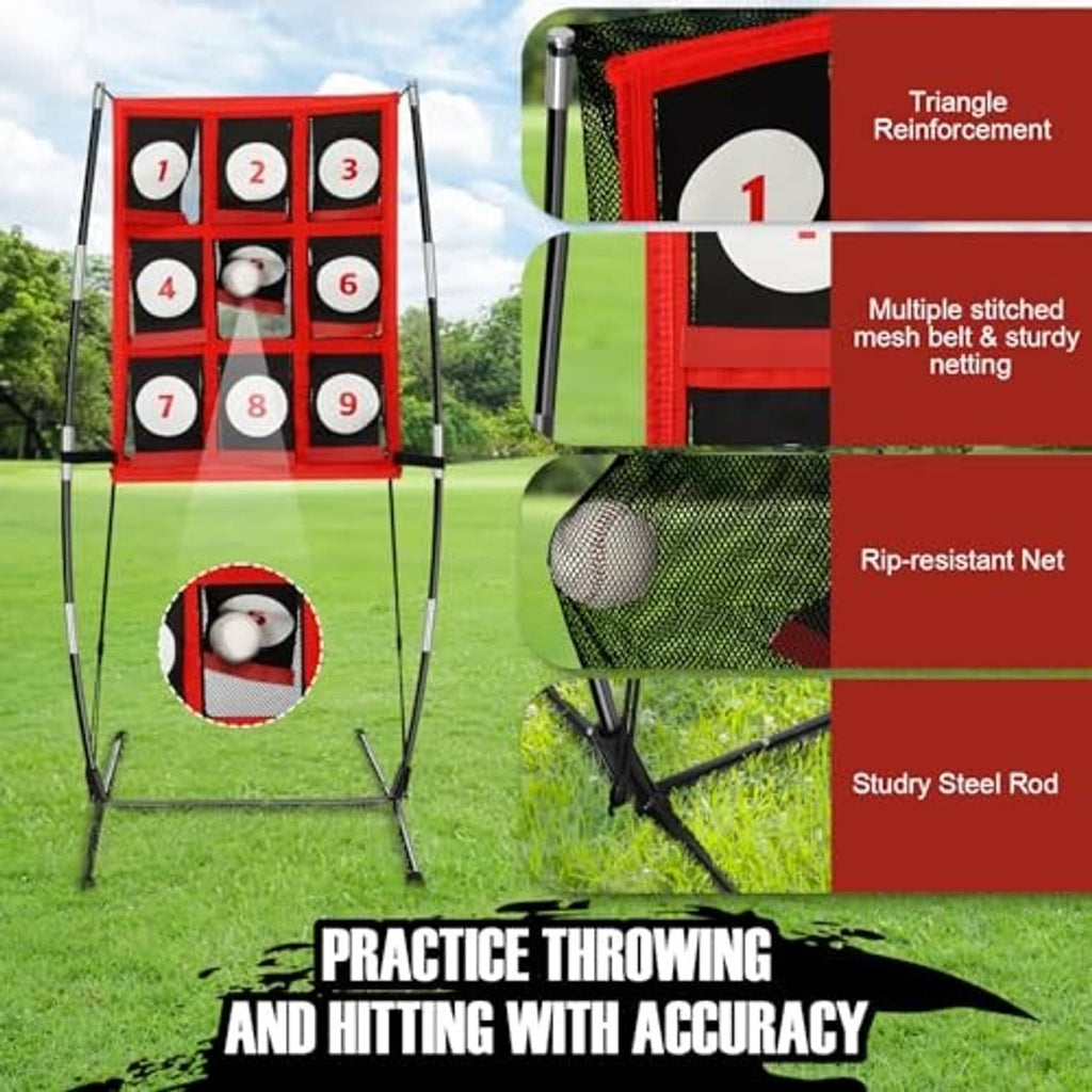 Baseball pitching target net with red target face and 9 numbered ball pockets.