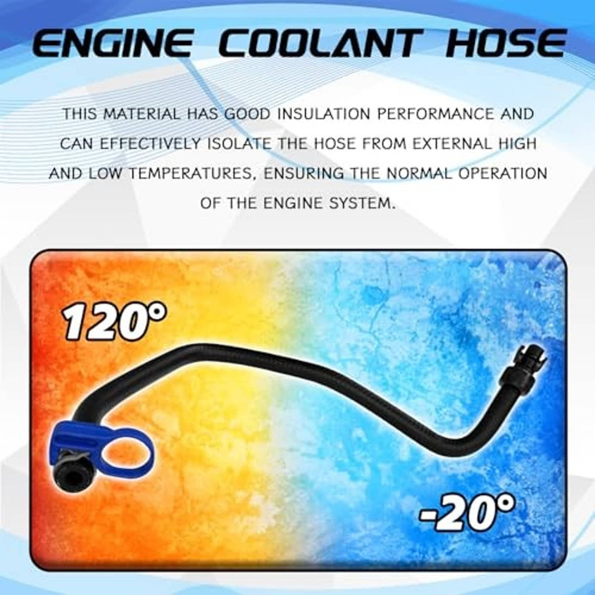 Black coolant hose with blue connector ends and angled pipe shape