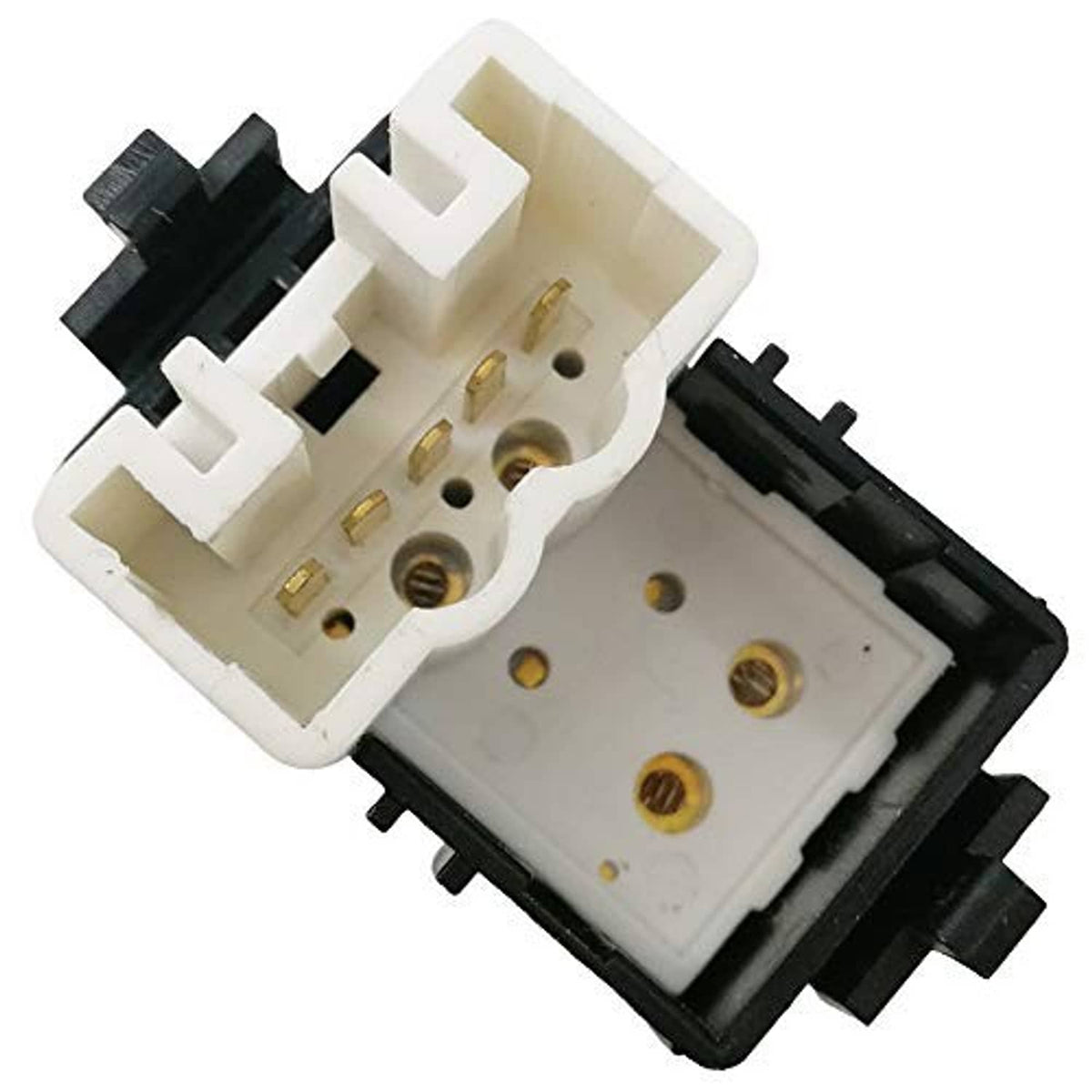 Power window switch with exposed gold pins and white contact plate