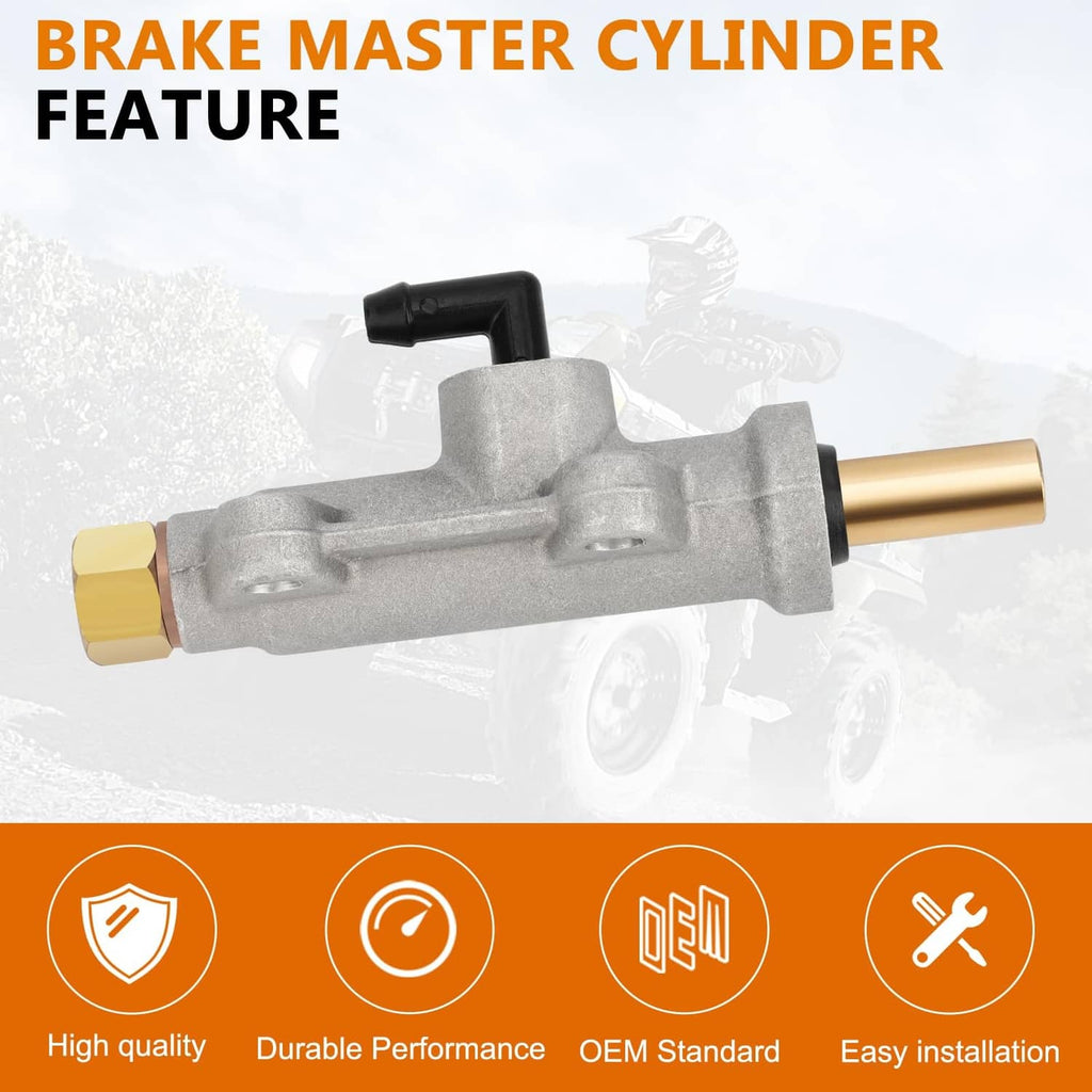 Brake master cylinder feature view with silver housing and gold inlet and outlet ports