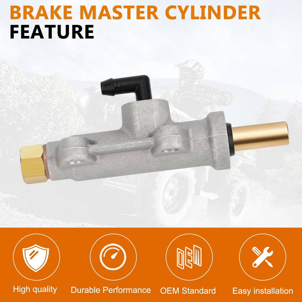 Brake master cylinder feature view with silver housing and gold inlet and outlet ports