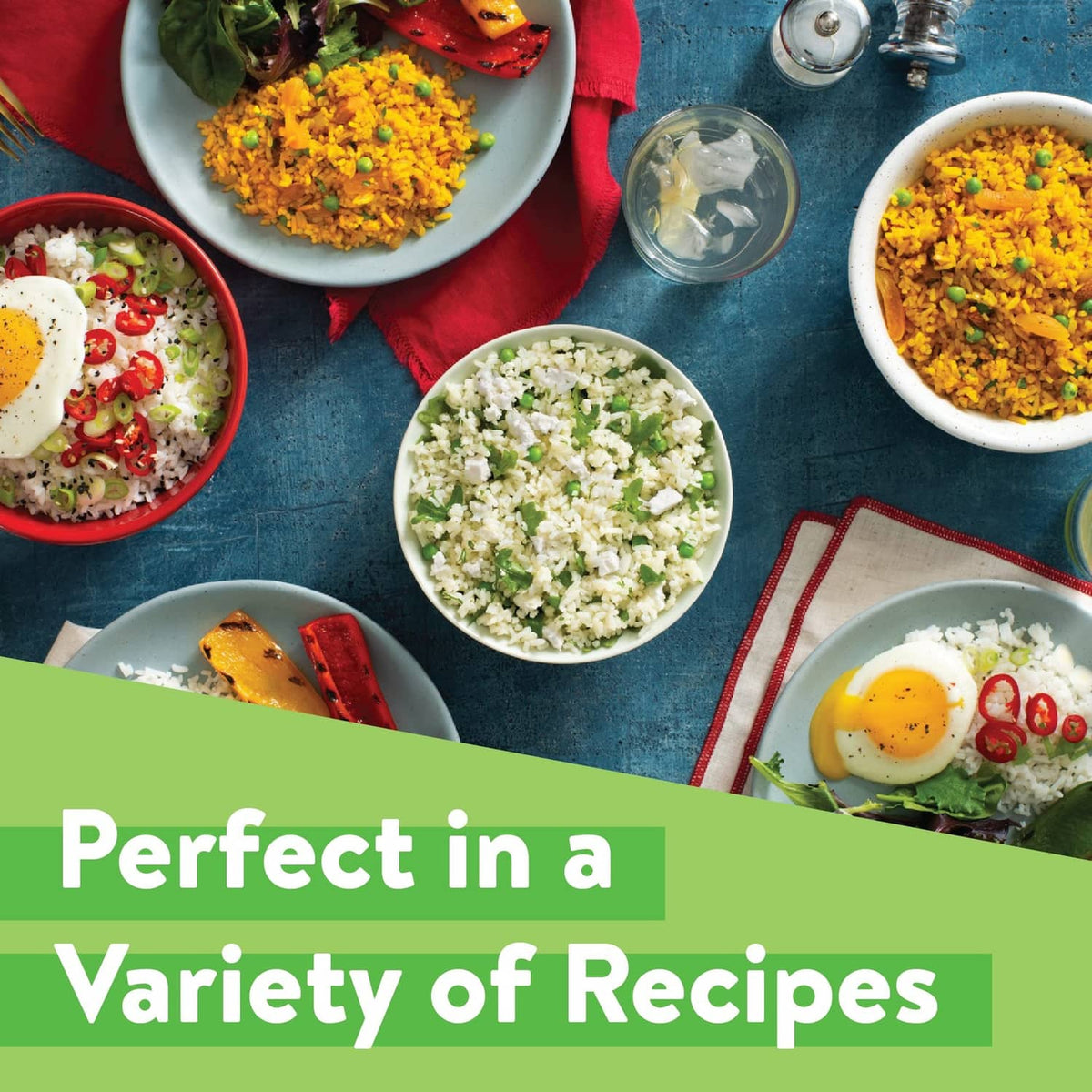 Instant white rice package layout with multiple bowls of cooked rice dishes