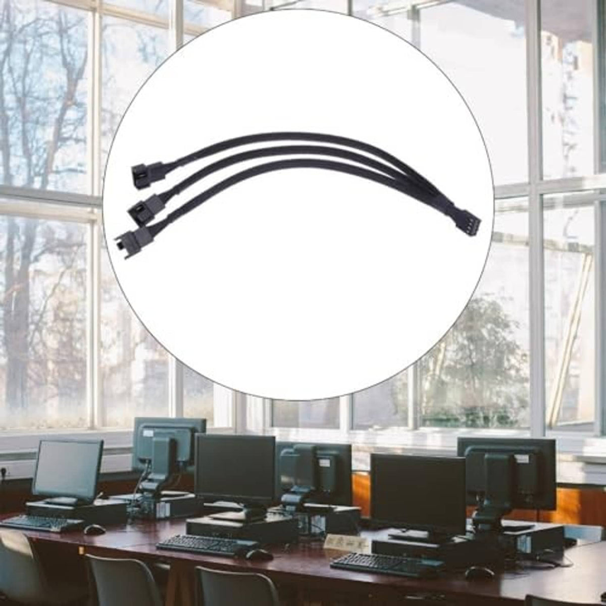 Sleeved fan splitter cable, 4-pin to 3-way, braided leads with branch connectors