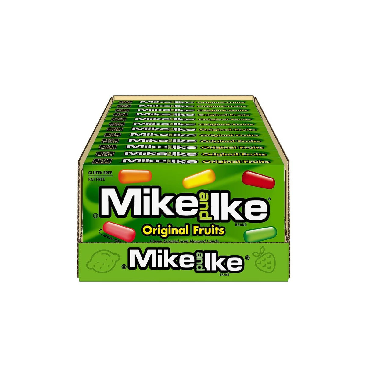 Mike and Ike Original Fruits candy multi-pack carton, green with stacked boxes