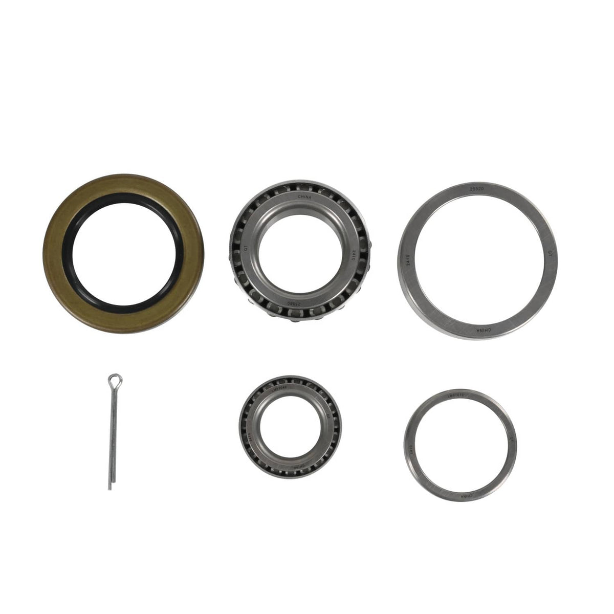 Trailer bearing axle kit set with two bearing assemblies, two seal rings, and cotter pin