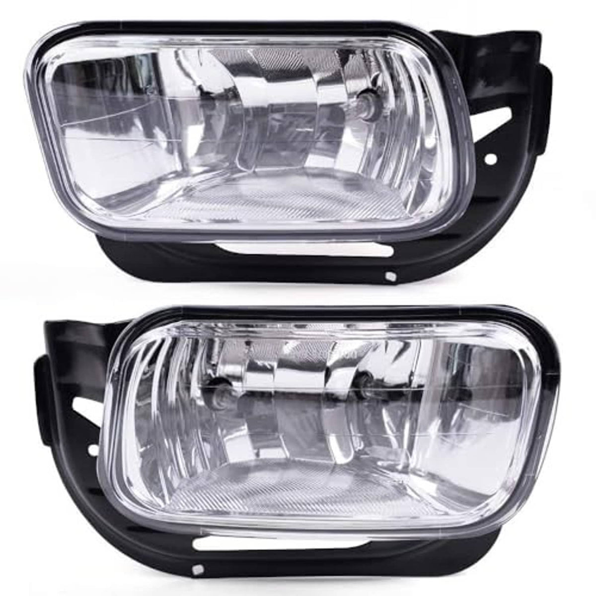 Pair of front fog lights with clear lens, chrome reflector, and black bezels
