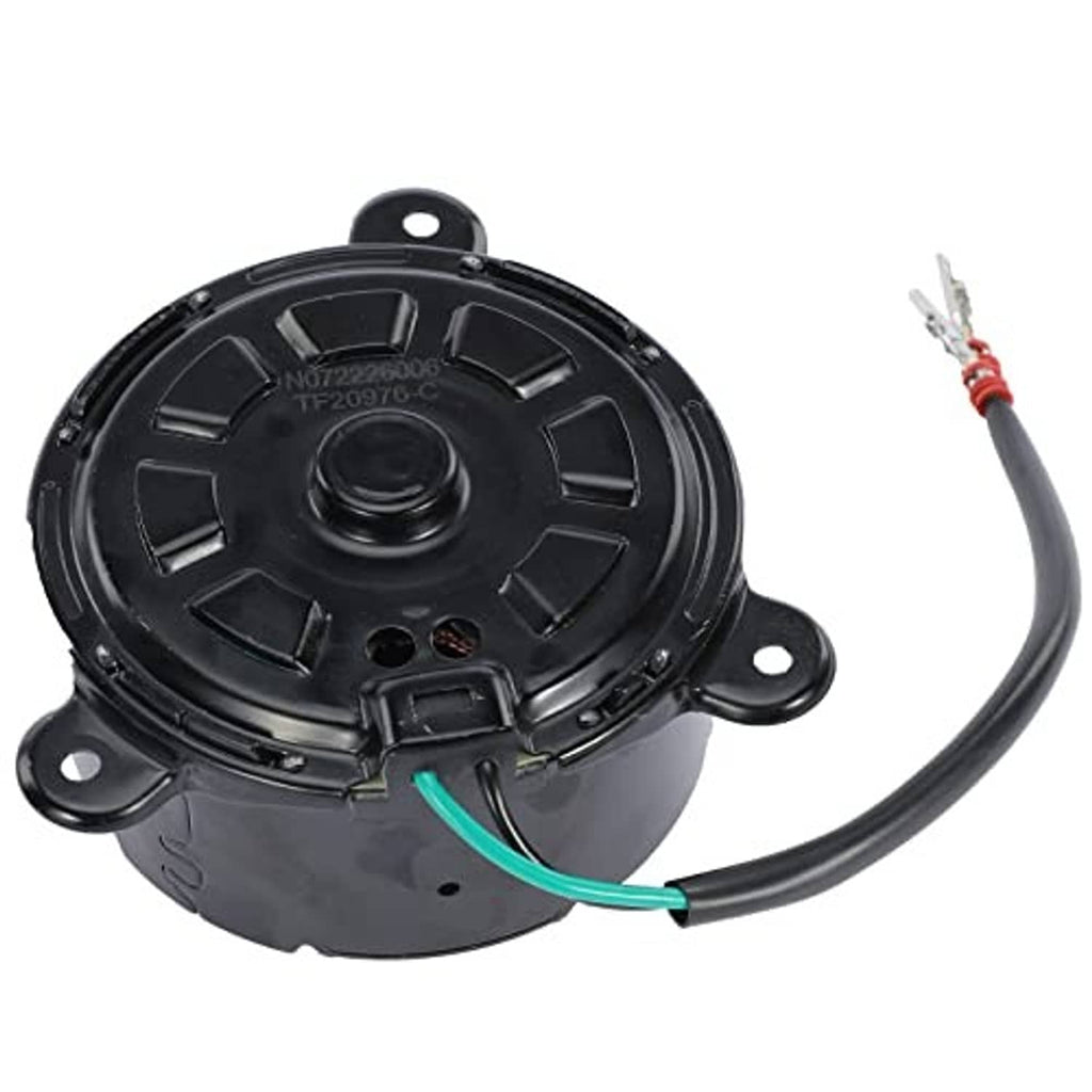 Radiator cooling fan motor rear view with wiring lead and mounting ears