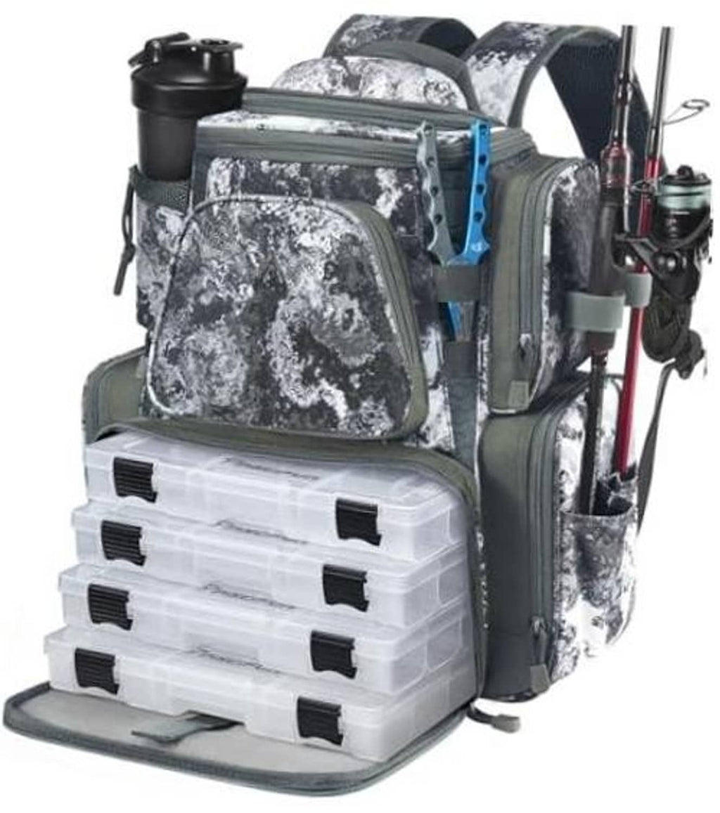 Fishing backpack in gray and white camouflage with 4 tackle boxes and rod holders