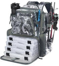 Fishing backpack in gray and white camouflage with 4 tackle boxes and rod holders