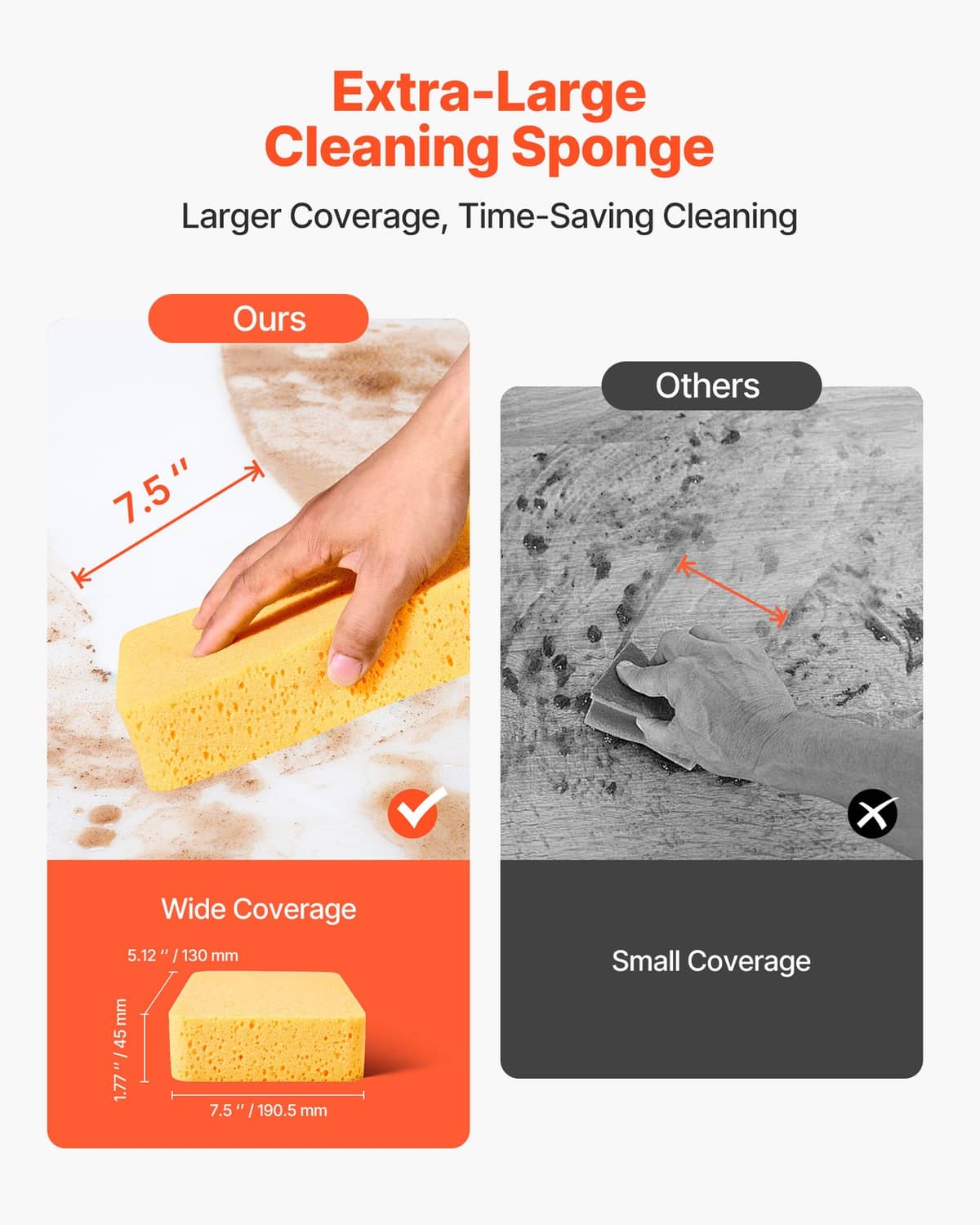 Extra-large orange-yellow cleaning sponge held in a hand over tile