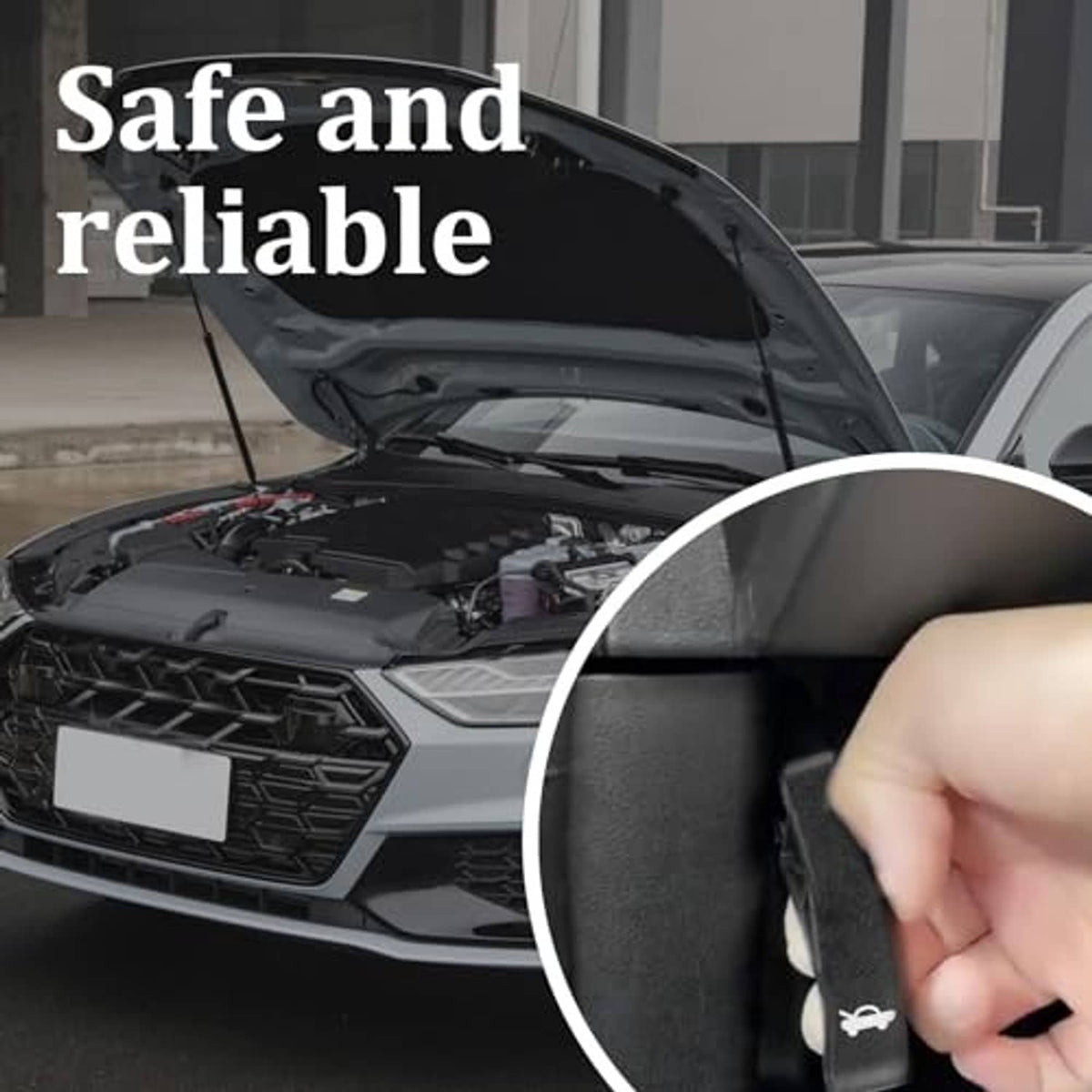 Black hood release handle on car interior being pulled by hand, close-up