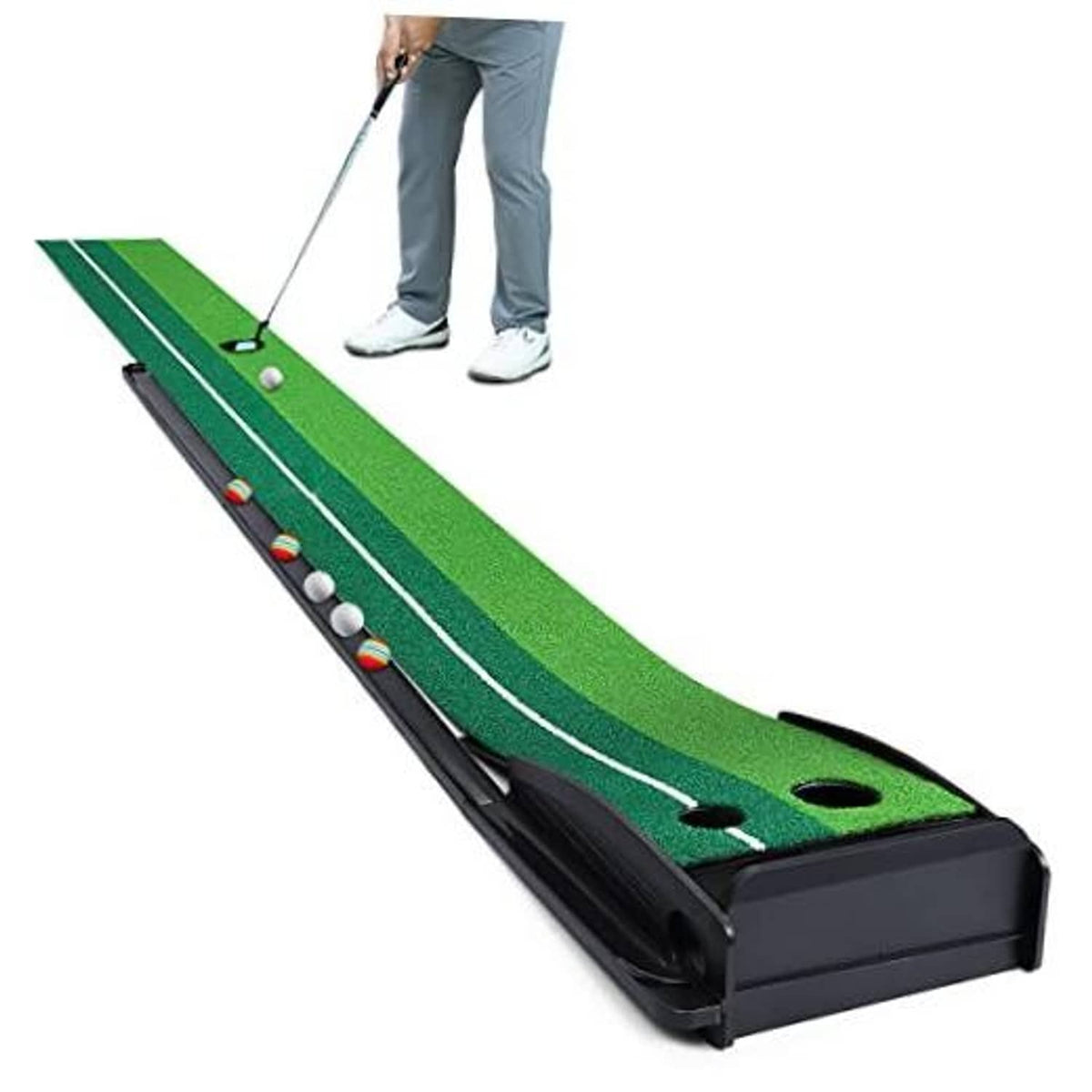 Golf putting mat with green turf, black base, white guide lines, and ball holes