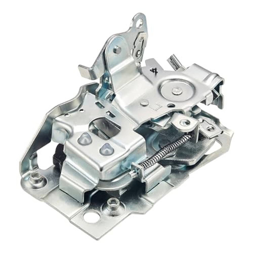 Front door power latch mechanism, silver metal with spring and actuator linkage details