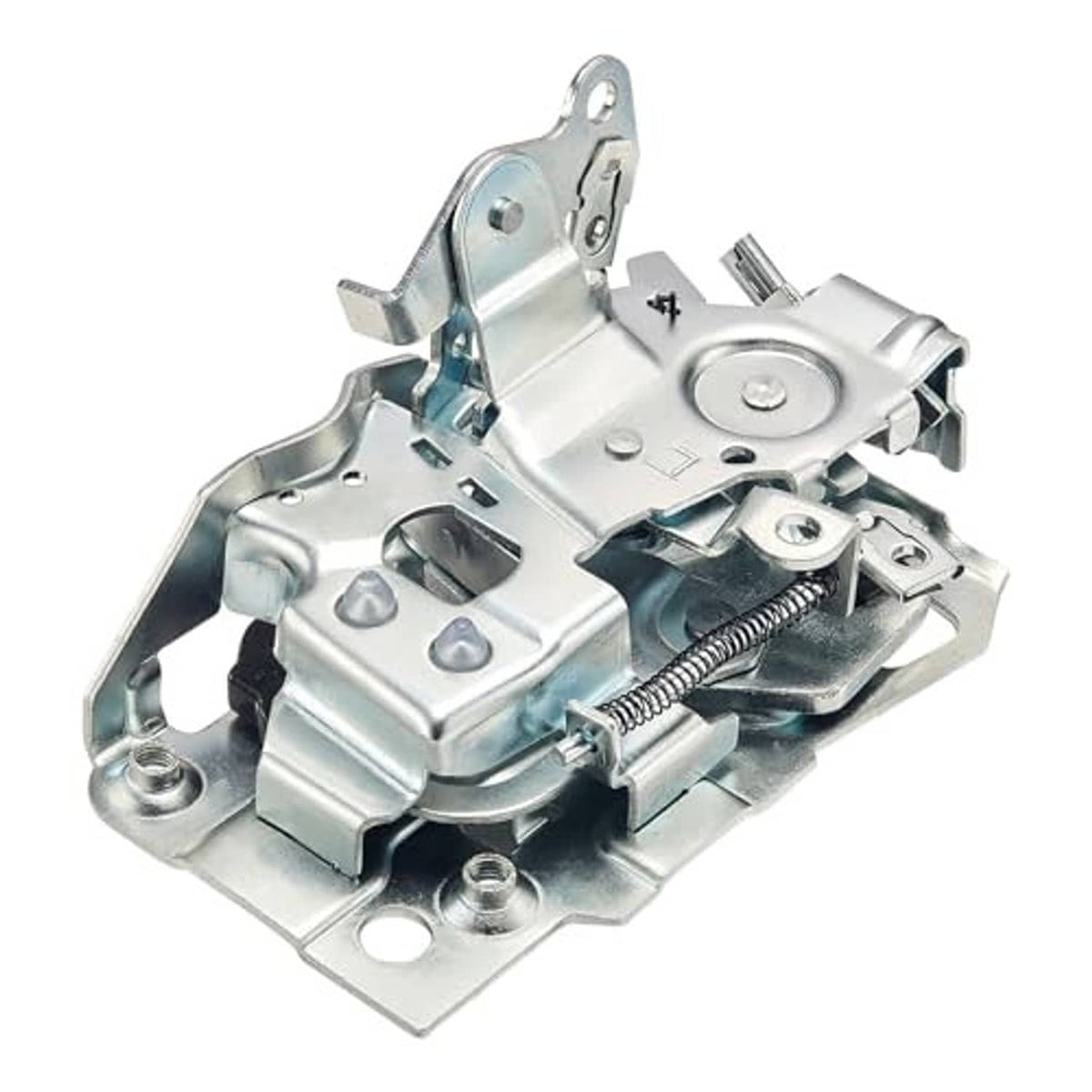 Front door power latch mechanism, silver metal with spring and actuator linkage details