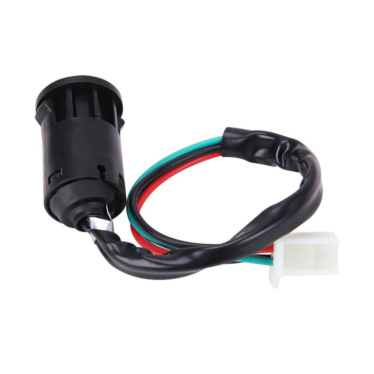 Ignition key switch connector with colored wire harness, black housing and white plug