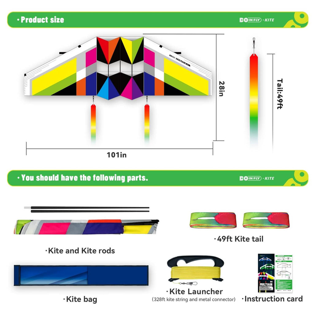 Multicolor triangular kite kit layout with kite rods, tail, launcher, and storage bag