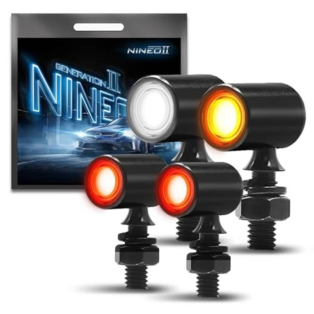 Mini LED motorcycle turn signals with white/amber front and amber/red rear lenses, black
