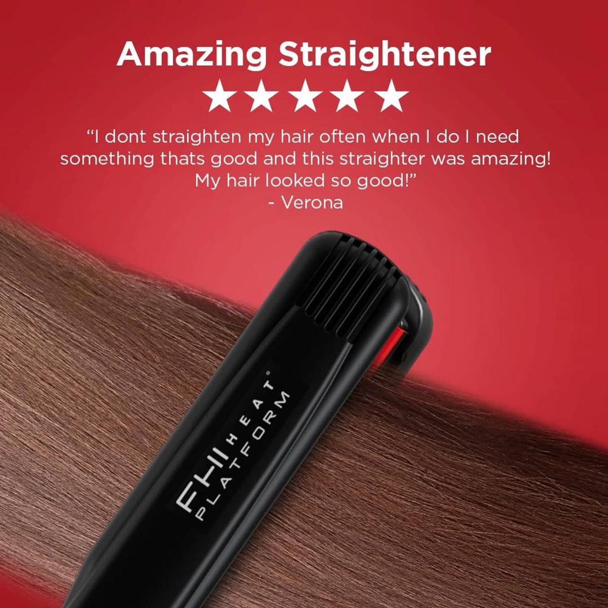 Black hair straightener with red hot plates, shown cutting through a hair section
