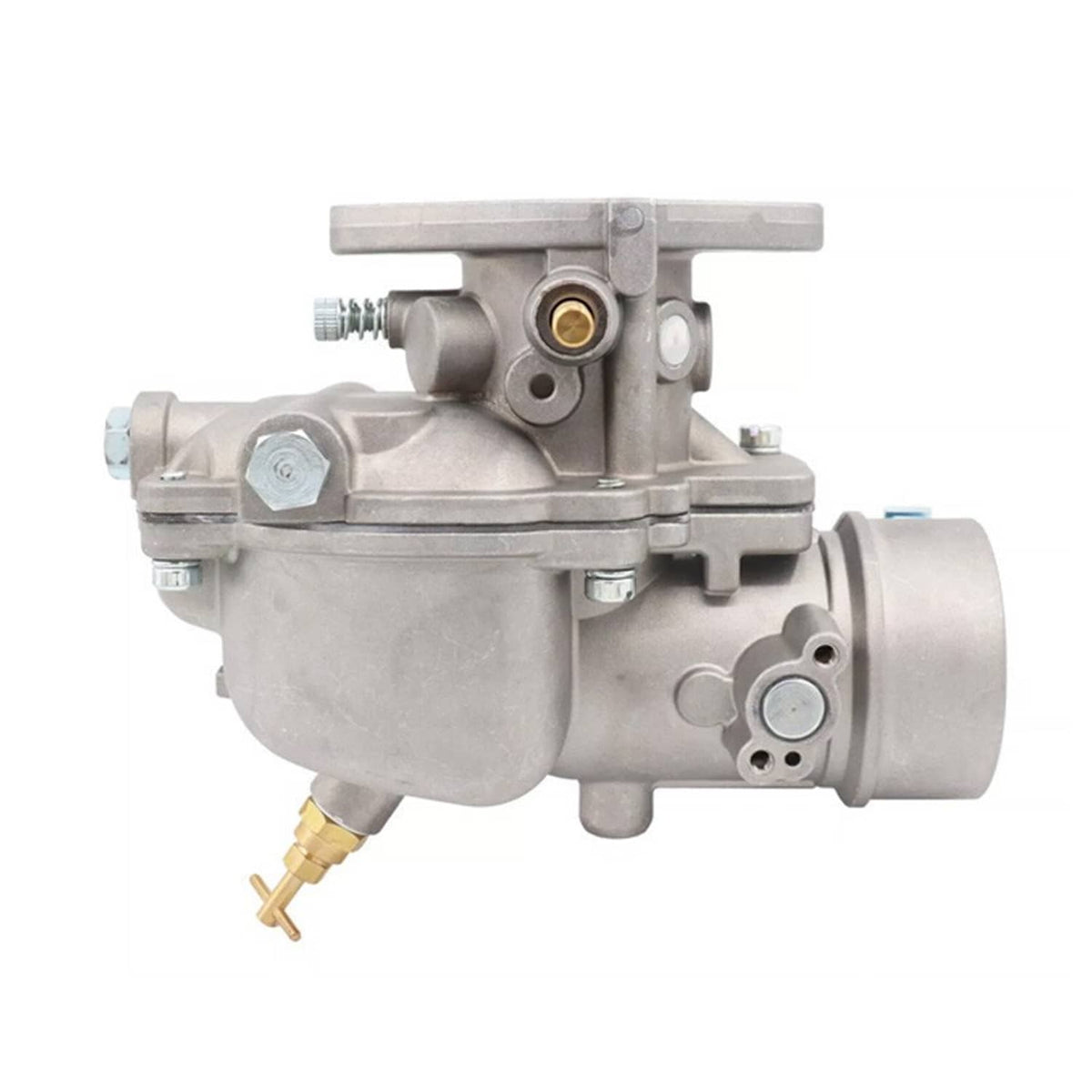 Carburetor assembly side view with metal casing and inlet fitting