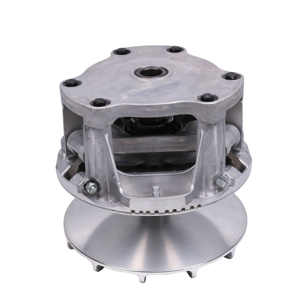 Rear view of metal drive clutch assembly with mounting bolt holes and inner housing