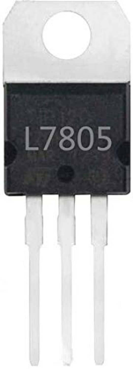 L7805 voltage regulator IC close-up, black chip with three metal leads