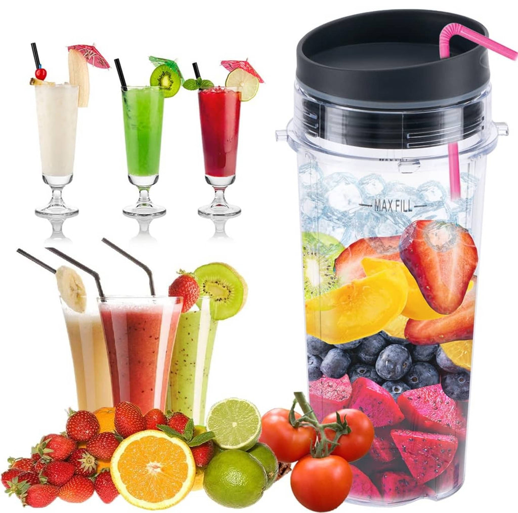 Clear 16 oz blender cup with black lid, filled smoothie ingredients, MAX FILL line.