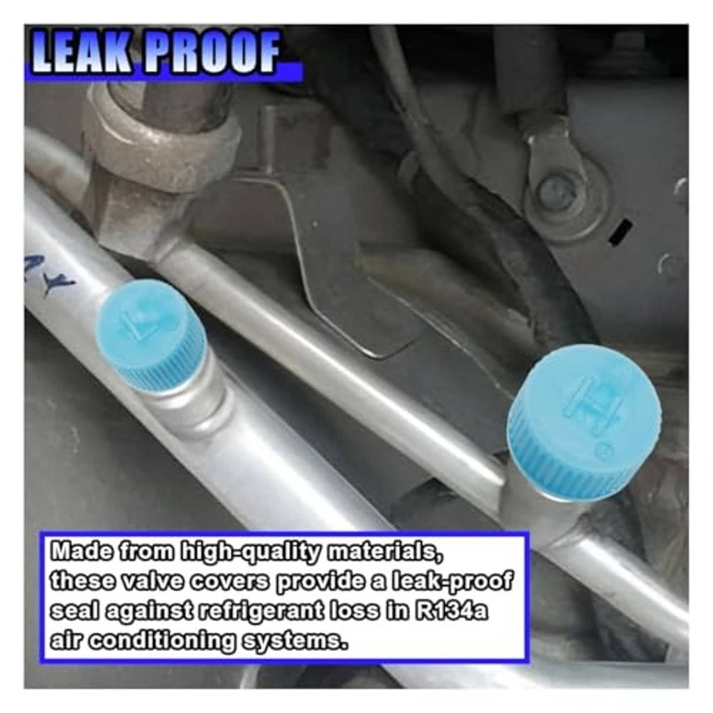 Two blue A/C valve caps covering charging ports on metal lines