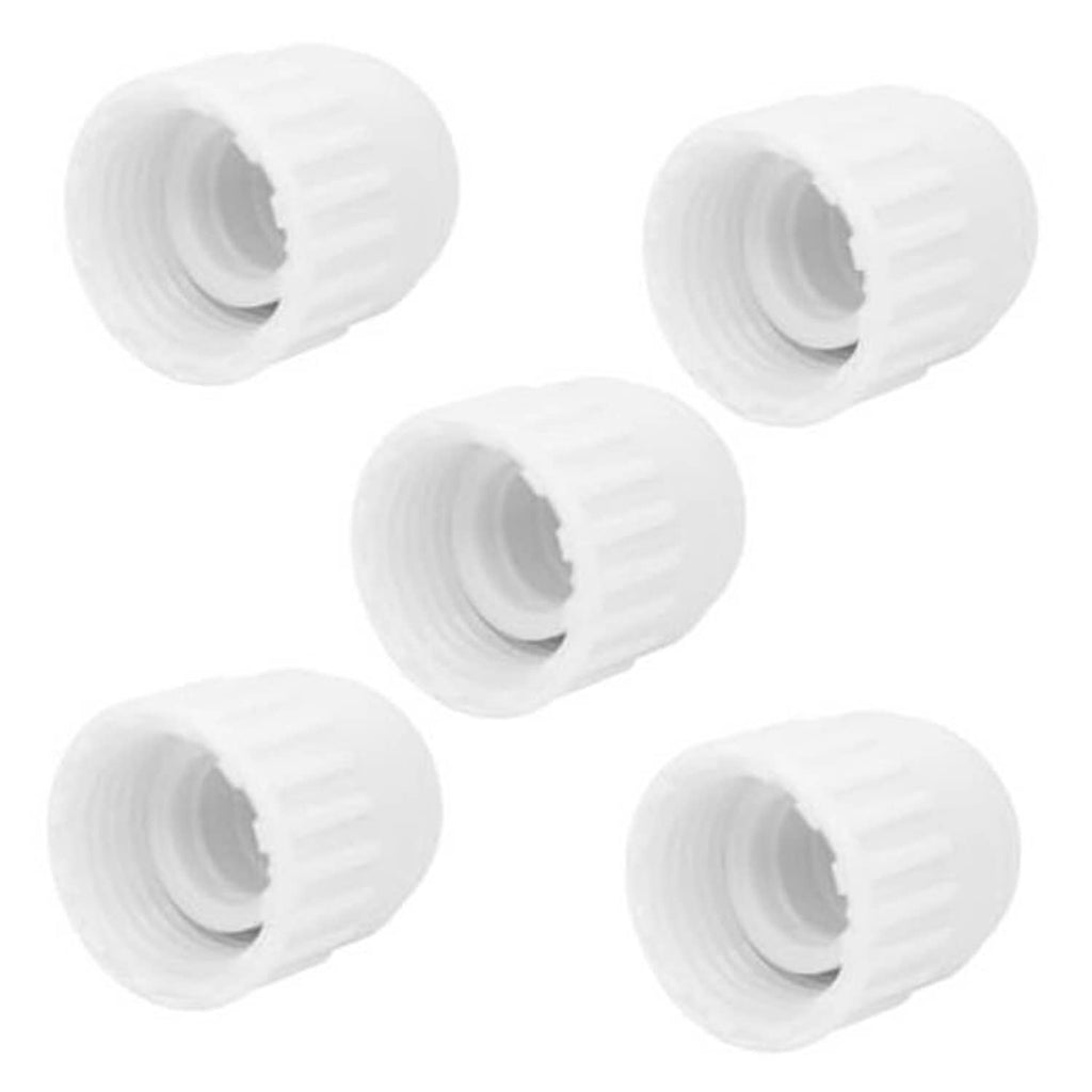 White PVC pipe end cap plug for female threads, ridged grip, 5-pack