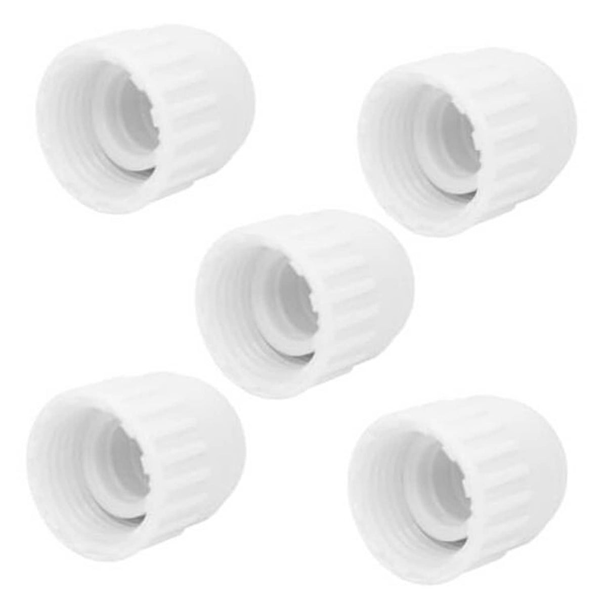 White PVC pipe end cap plug for female threads, ridged grip, 5-pack