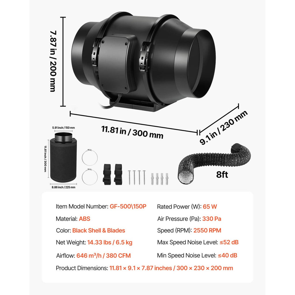 6-inch inline duct fan dimensions and included accessories: hose, straps, and mounting parts