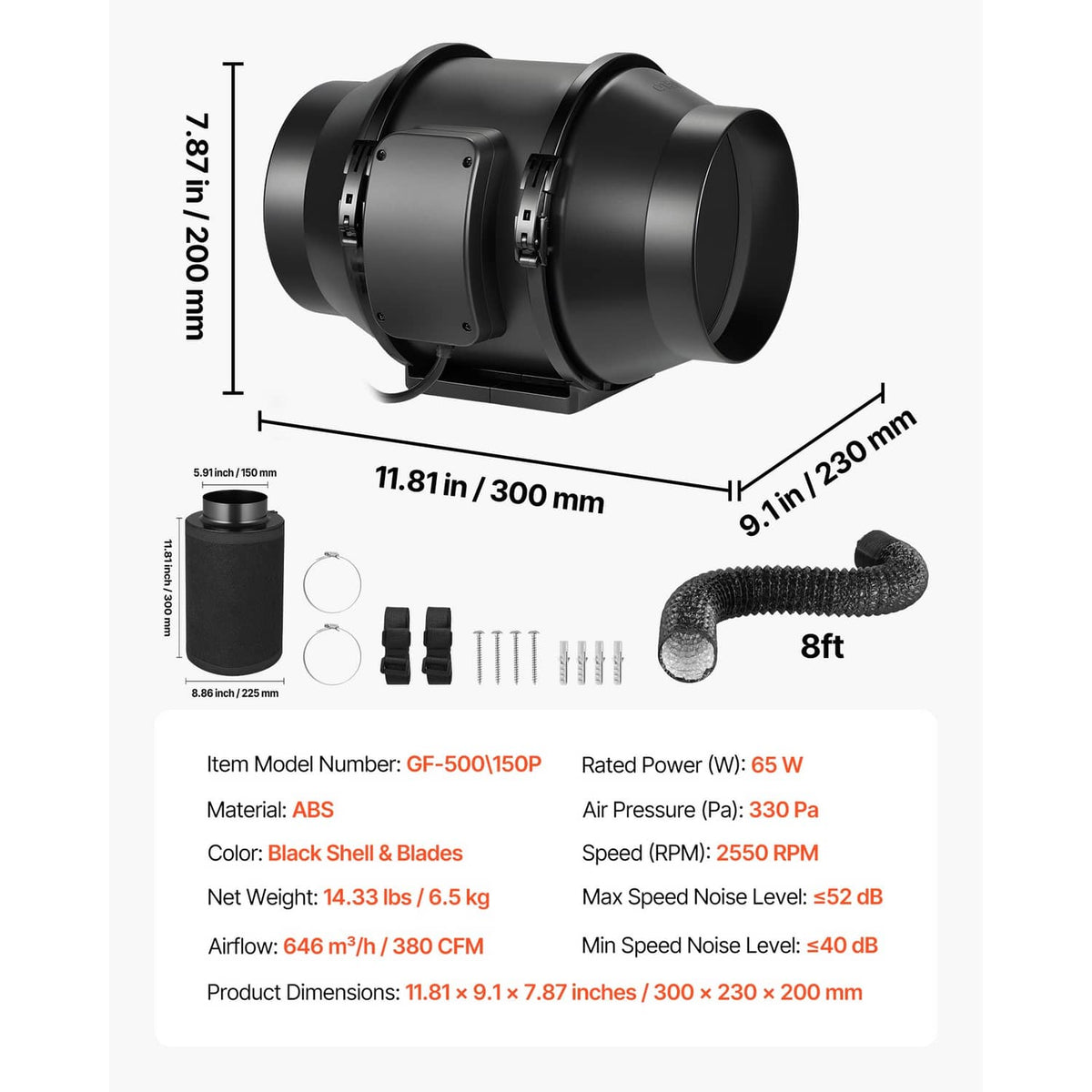 6-inch inline duct fan dimensions and included accessories: hose, straps, and mounting parts