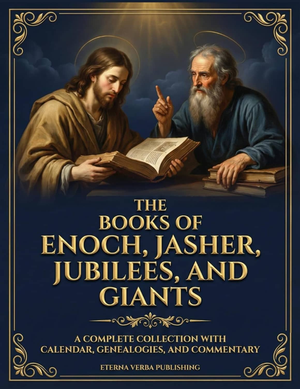 Book cover: illustrated figures, gold title text, and Eterna Verba publishing details.