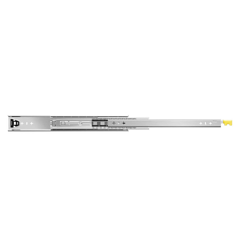 Full-extension drawer slide rail, silver steel with yellow lock tab and mounting holes