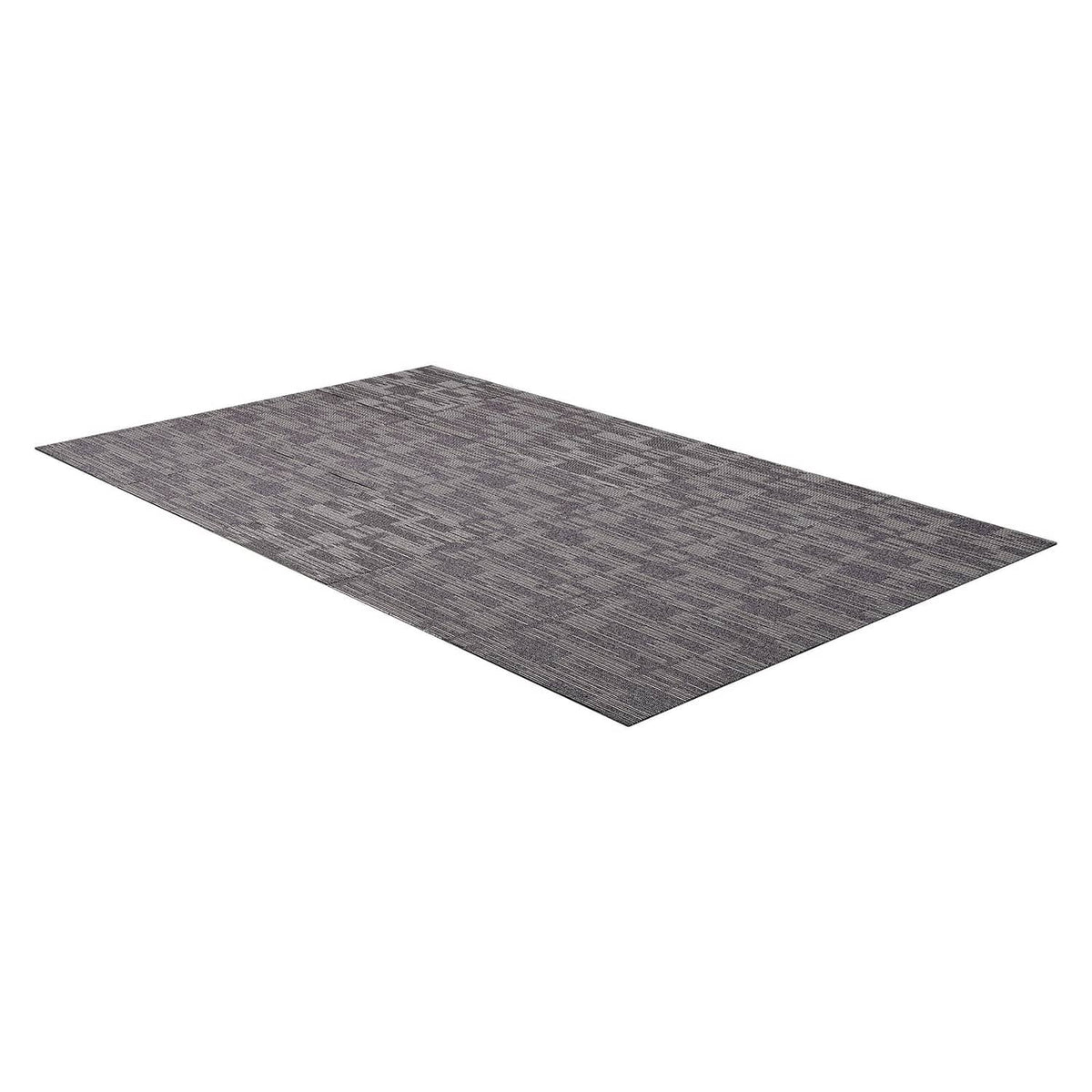 Flat rectangular layout of gray and brown striped modular carpet tiles on plain floor