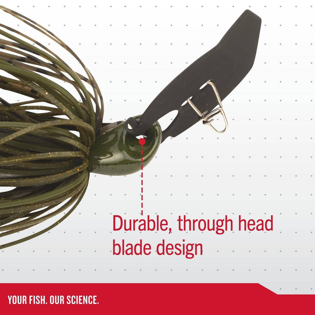 Dark green bladed jig with black blade head and silicone skirt with single hook.