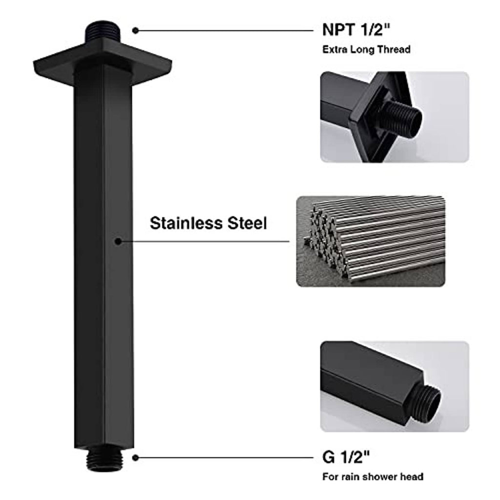 Matte black shower arm extension, square flange; stainless steel with NPT 1/2 thread