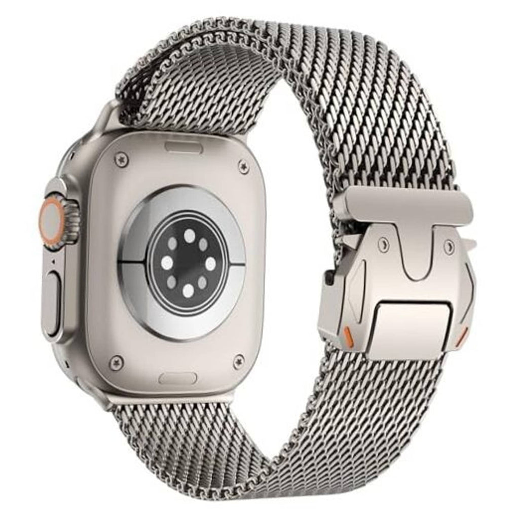Silver Milanese mesh loop watch band with metal clasp for Apple Watch